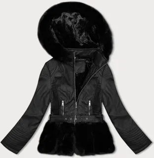 Krátka kožená bunda s kožušinkou - Čierna